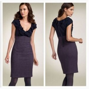 Rebecca Taylor 100% Silk Ruffle Wool Tweed Sheath Dress in Navy Blue/Purple Sz 4